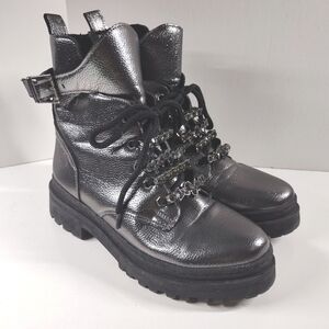 Gunmetal Rhinestone Faux Leather Combat Ankle Boots